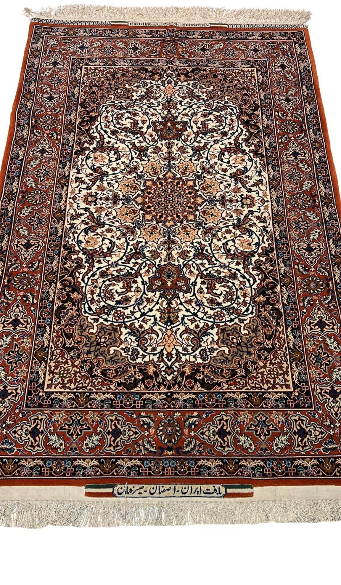 "Luxury Isfahan Seirafian rug by Master Bagher Seirafian, hand-knotted with wool and silk, featuring intricate floral and medallion designs."